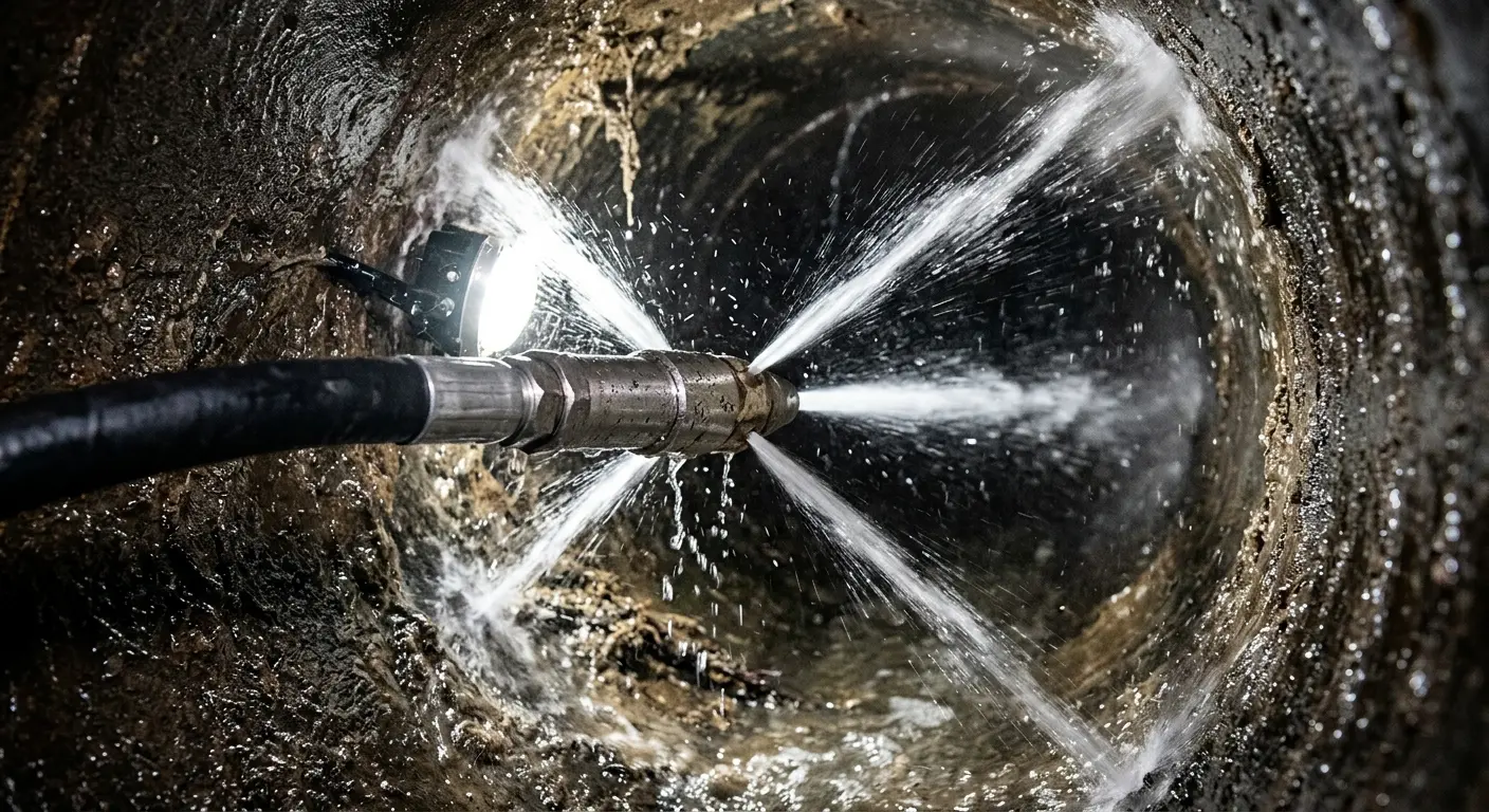 High-pressure hydro jetting nozzle cleaning sewer pipe for Emergency Drain Service in Emeryville