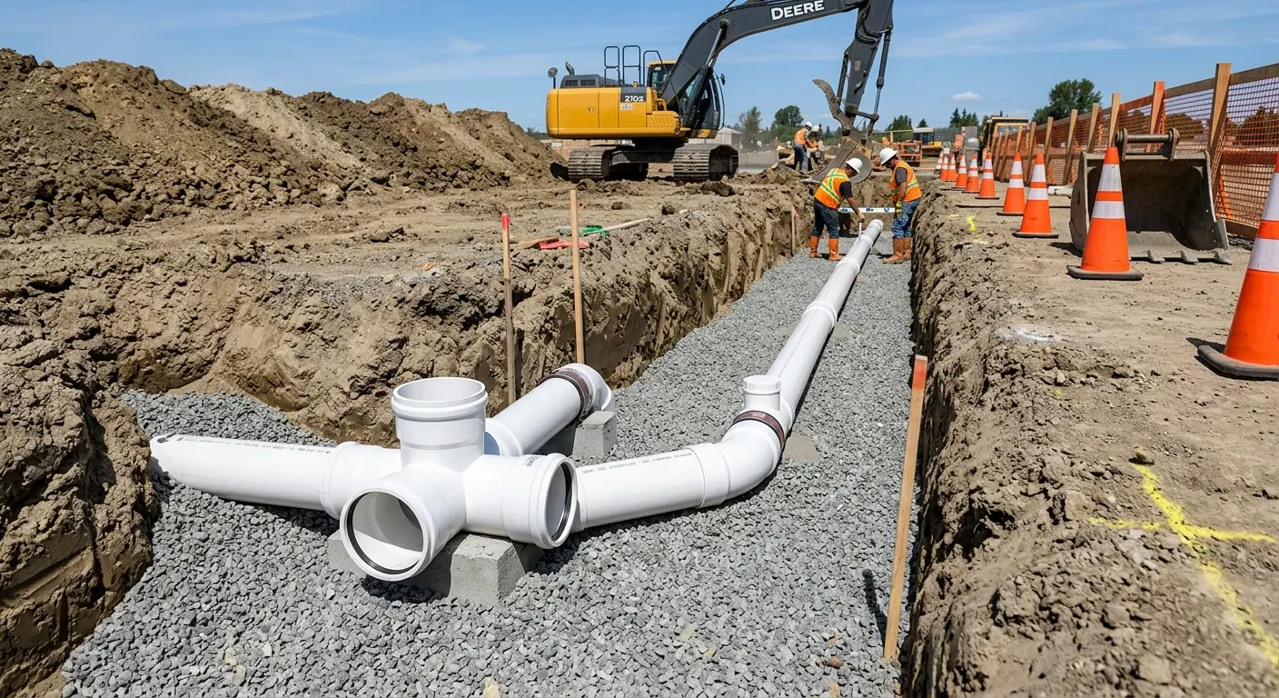 New PVC sewer pipe installation in open trench for Sewer Backup in Emeryville