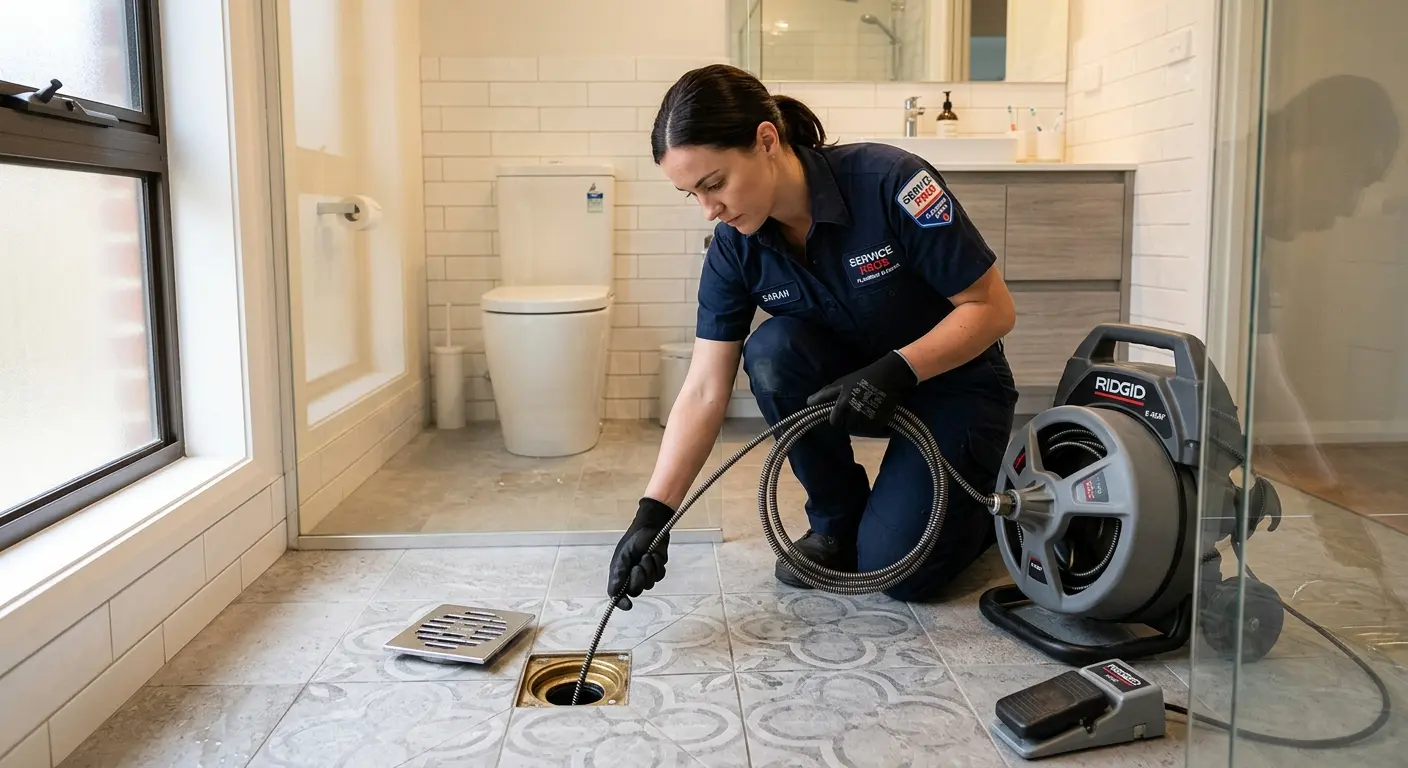 Technician clearing a bathroom floor drain for Drain Cleaning in Emeryville